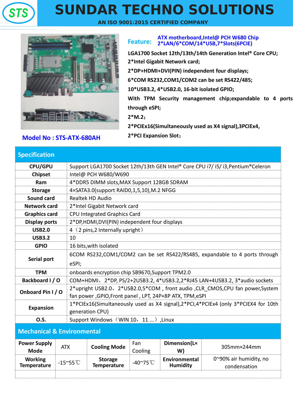 STS-ATX-W680AH Industrial motherboard , Intel@ PCH W680 Chip 2*LAN/6*COM/14*USB,7*Slots(6PCIE)